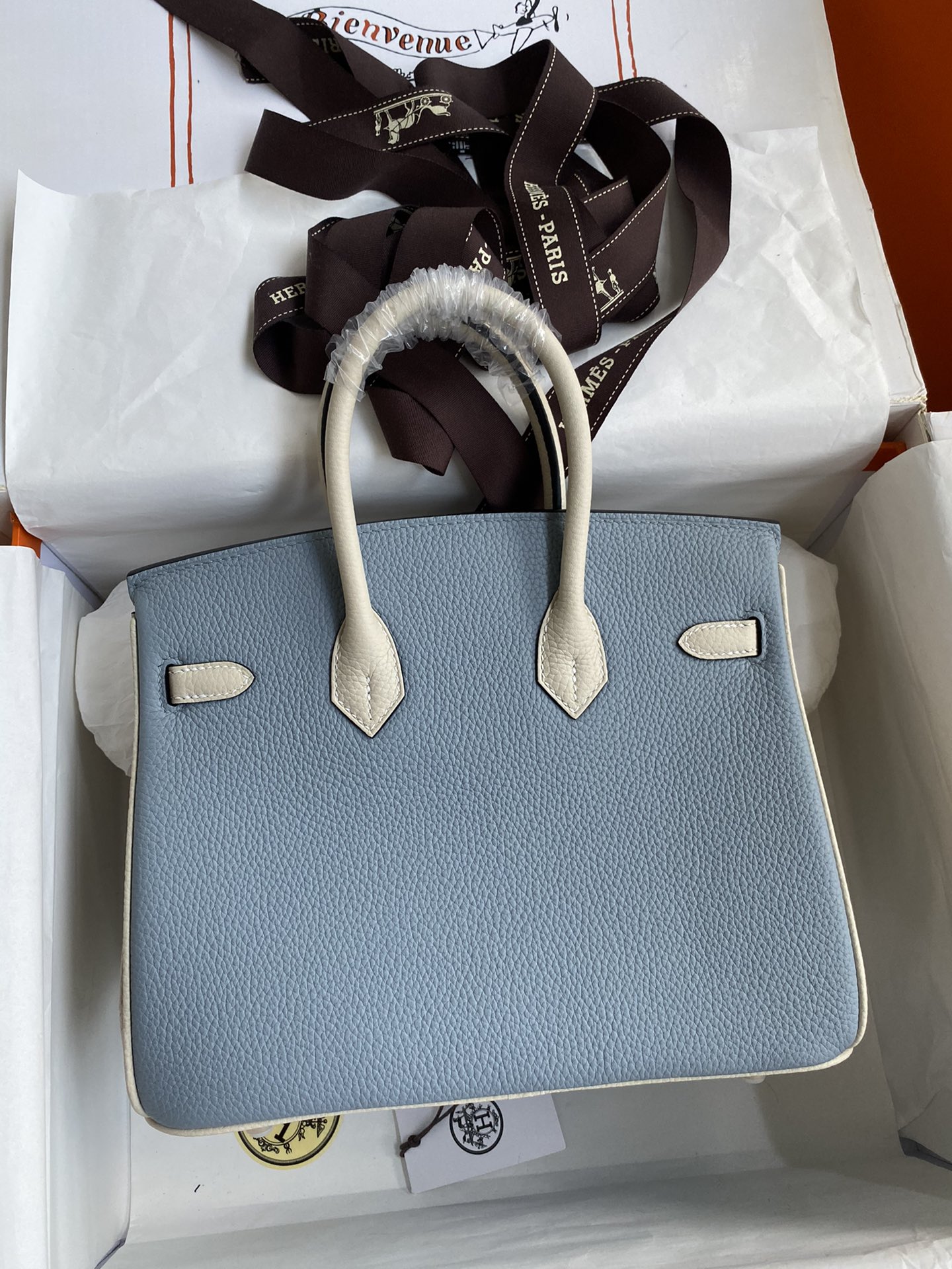 Hermes Birkin 25CM Togo Leather Handbag Blue White